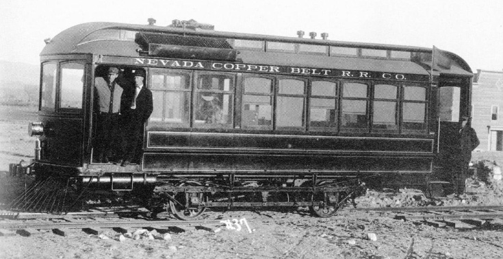 Nevada Copper Belt Railroad No. 20, a 1909 Model 24 Fairbanks Morse motor car that operated between Mason and Wabuska in Lyon County. (Postcard photo courtesy of Robert Greenwood)